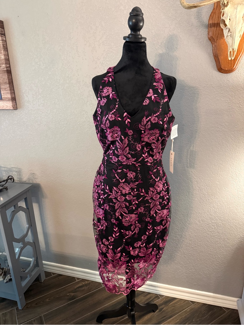 Siena Studio Black Midi Dress with Magenta Floral Lace